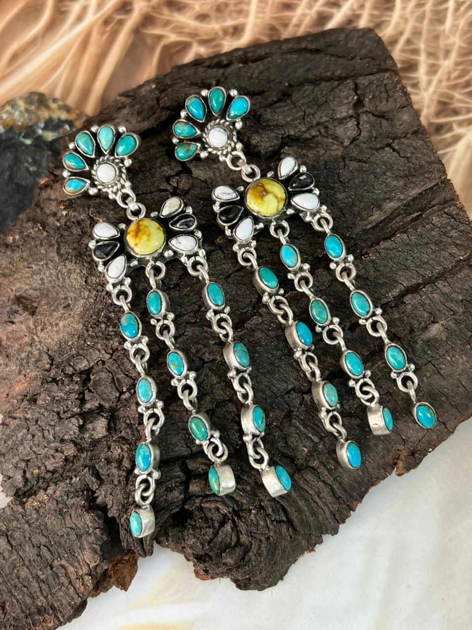 Handmade Sterling Silver Palomino with Kingman Turquoise and White Buffalo Post Dangle Earrings "Signed Nizhoni"