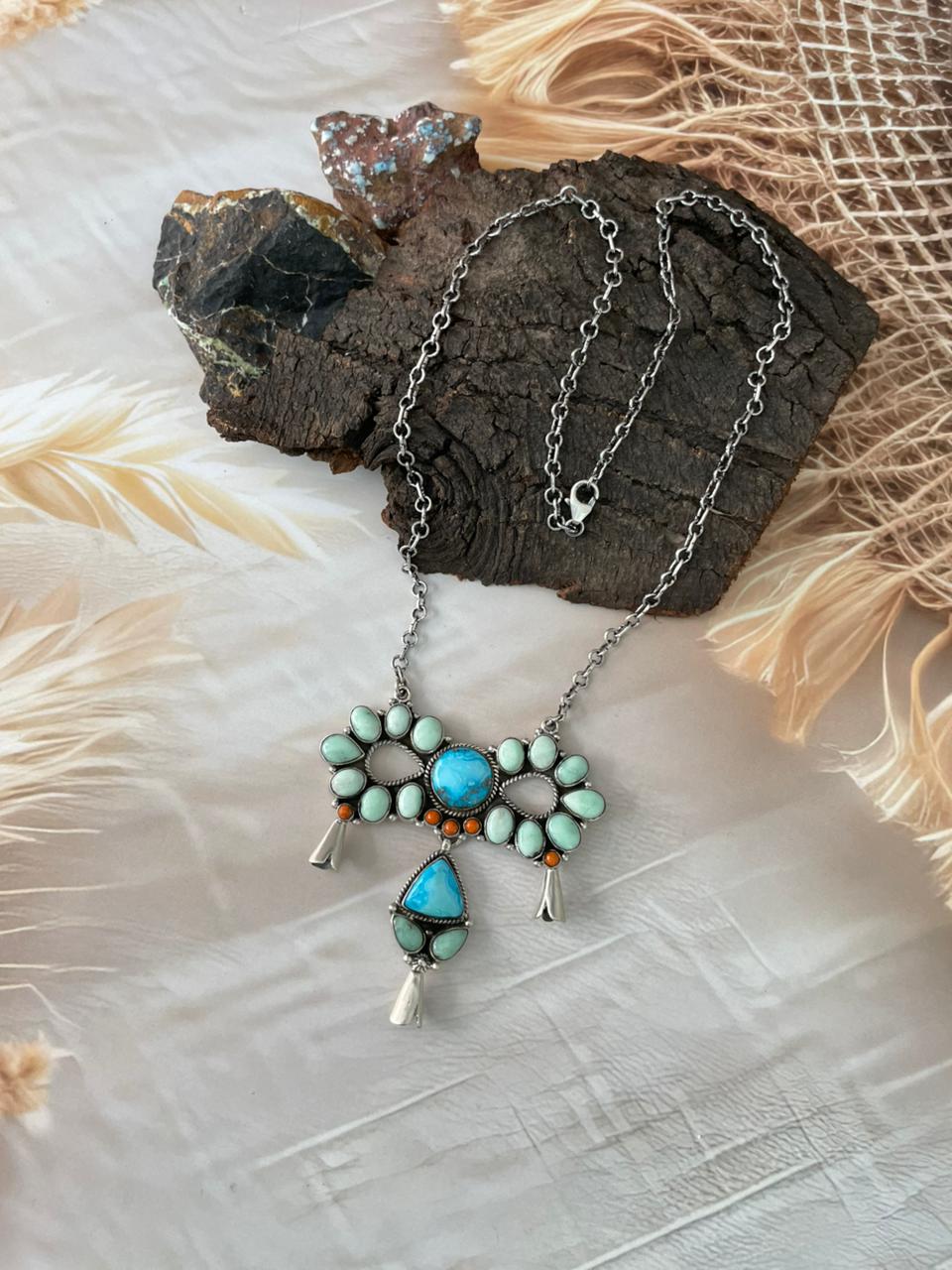 Handmade Sterling Silver Sierra Bella with Paloma Turquoise and Orange Mojave Necklace "Signed Nizhoni"