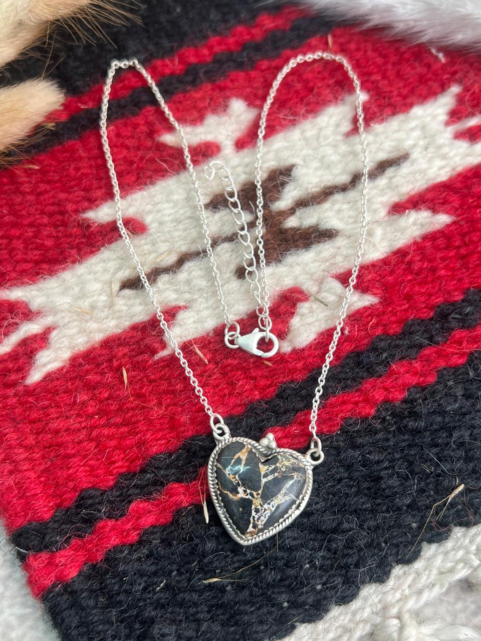 Handmade Sterling Silver Blackjack Turquoise Heart Necklace "Signed Nizhoni"