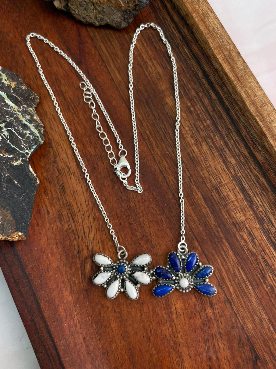 Handmade Sterling Silver Lapis with White Buffalo Necklace "Signed Nizhoni"