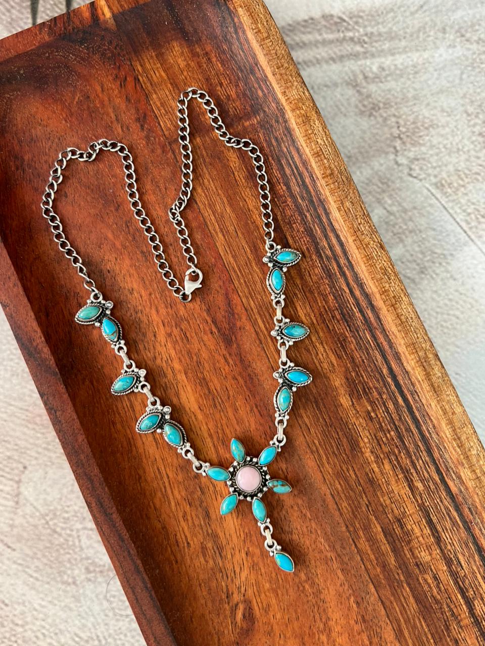 Handmade Sterling Silver Pink Opal with Kingman Turquoise Necklace Signed Nizhoni