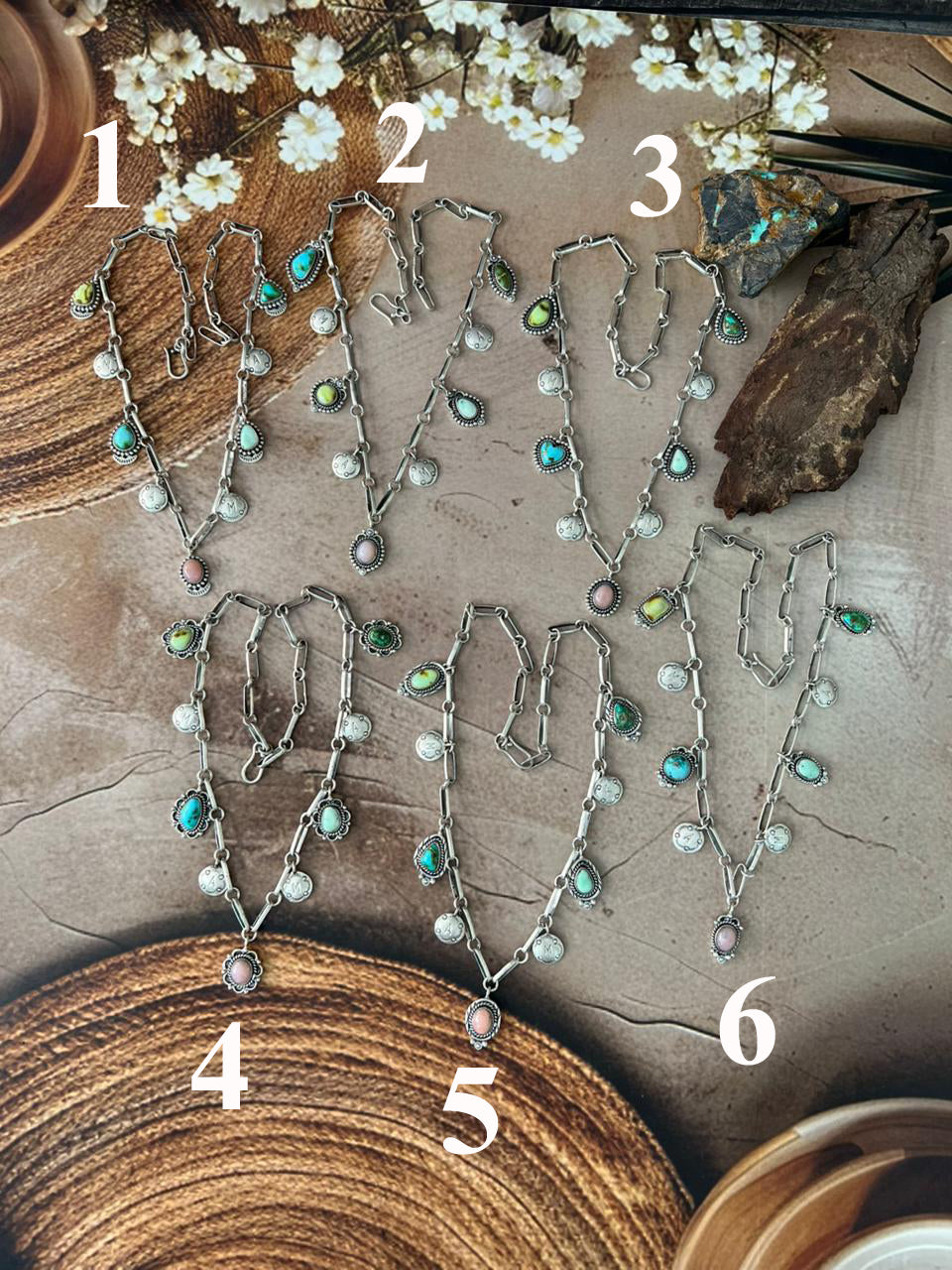 Handmade Sterling Silver Mama Collection: Pink Opal with Sonoran Mountain, Paloma and Palomino Turquoise  Necklace "Signed Nizhoni"