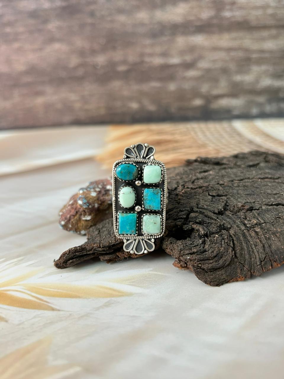 Handmade Sterling Silver White Water with Paloma Turquoise Adjustable Ring "Signed Nizhoni"