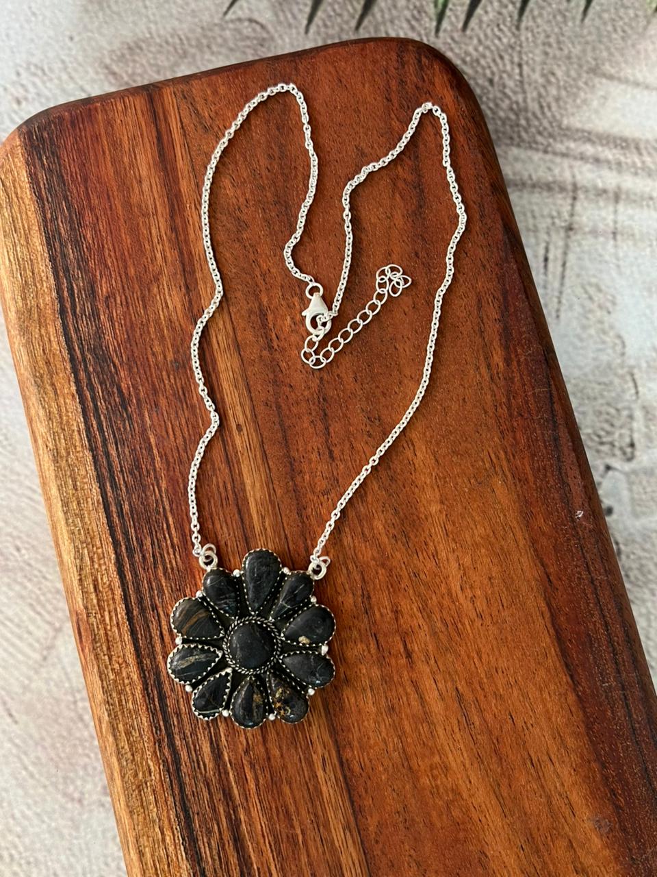 Handmade Sterling Silver Blackjack Turquoise Necklace "Signed Nizhoni"
