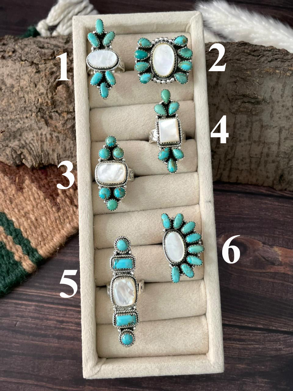 Handmade Sterling Silver Wedding Collection: Mother of Pearl with Kingman Turquoise Adjustable Ring "Signed Nizhoni"