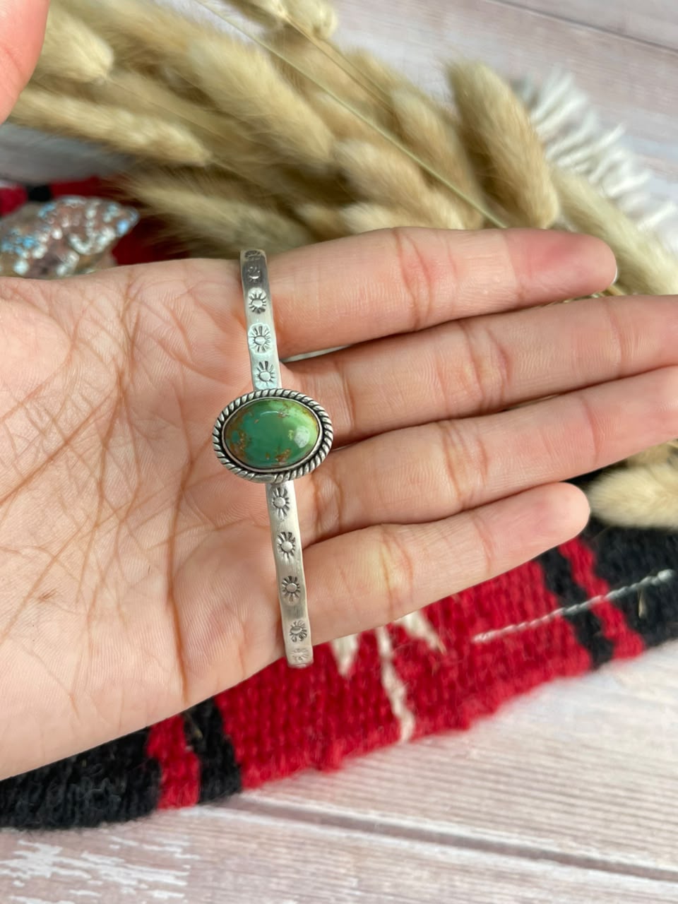 Handmade Sterling Silver Emerald Valley Turquoise Collection: Cuff Bracelet Signed Nizhoni