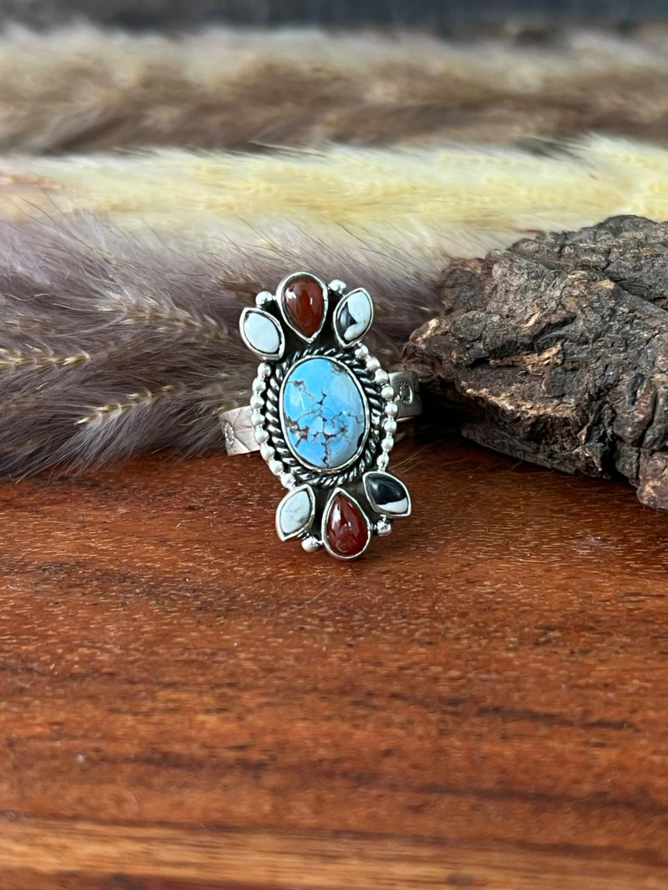 Handmade Sterling Silver Canyon Sunset Collection: Golden Hills Turquoise with White Buffalo and Carnelian Adjustable Ring "Signed Nizhoni"