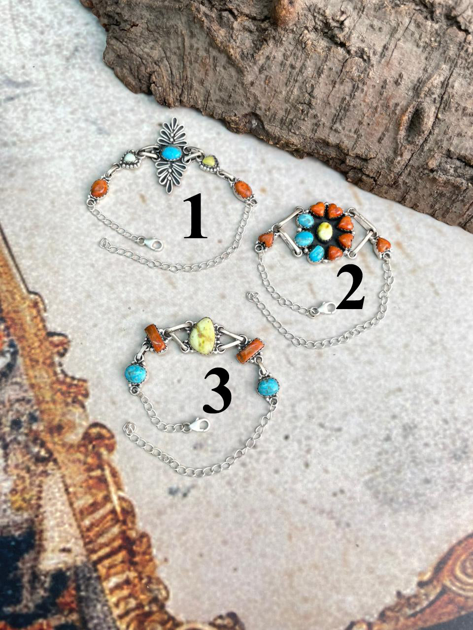 Handmade Sterling Silver Multi Stone Collection: Arizona Blue Turquoise with Orange Mojave and Palomino Turquoise Chain Bracelet "Signed Nizhoni"