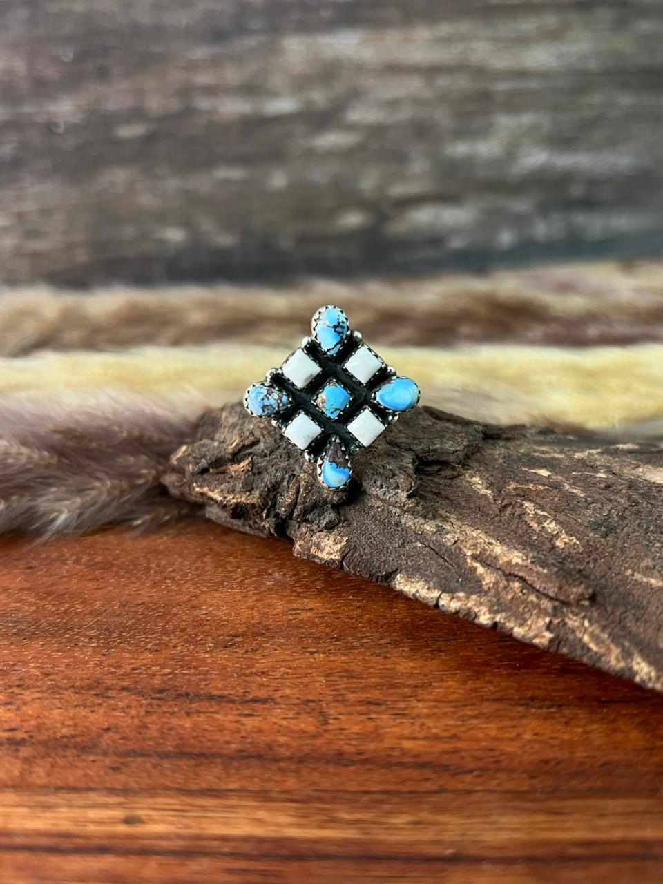 Handmade Sterling Silver Canyon Sunset Collection: Golden Hills Turquoise with White Buffalo Adjustable Ring "Signed Nizhoni"