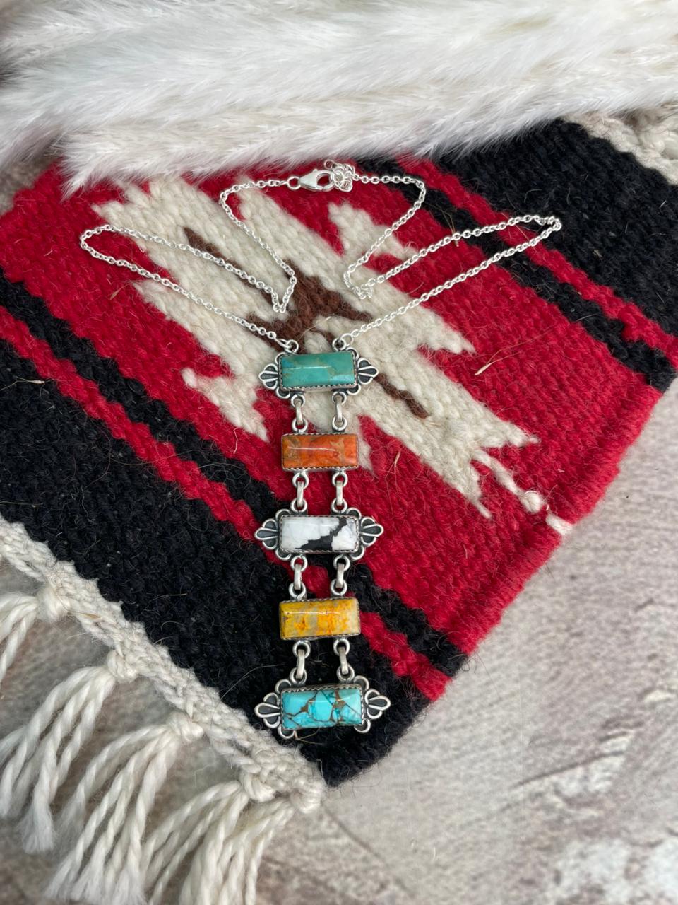 Handmade Sterling Silver Kingman Turquoise, Orange Mojave, White Buffalo, Mint Dahlia and Bumblebee Necklace "Signed Nizhoni"
