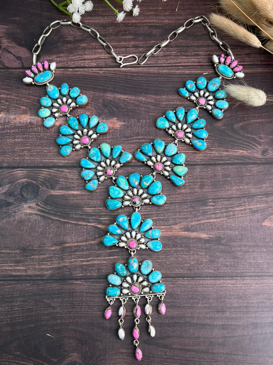 Handmade Sterling Silver Sierra Bella Turquoise with Cotton Candy Collection: Necklace "Signed Nizhoni"