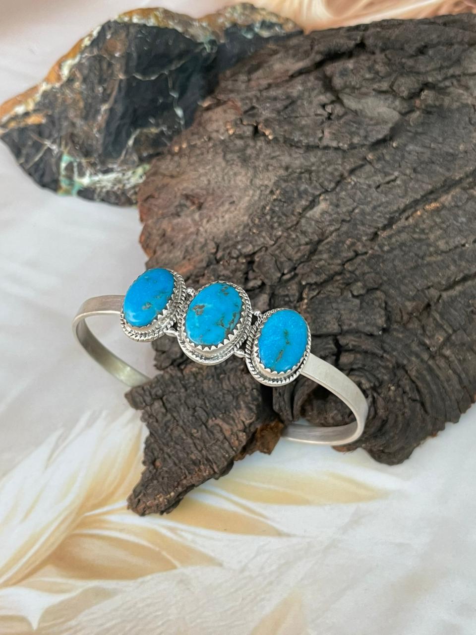 Handmade Sterling Silver Blue Kingman Turquoise Cuff Bracelet "Signed Nizhoni"