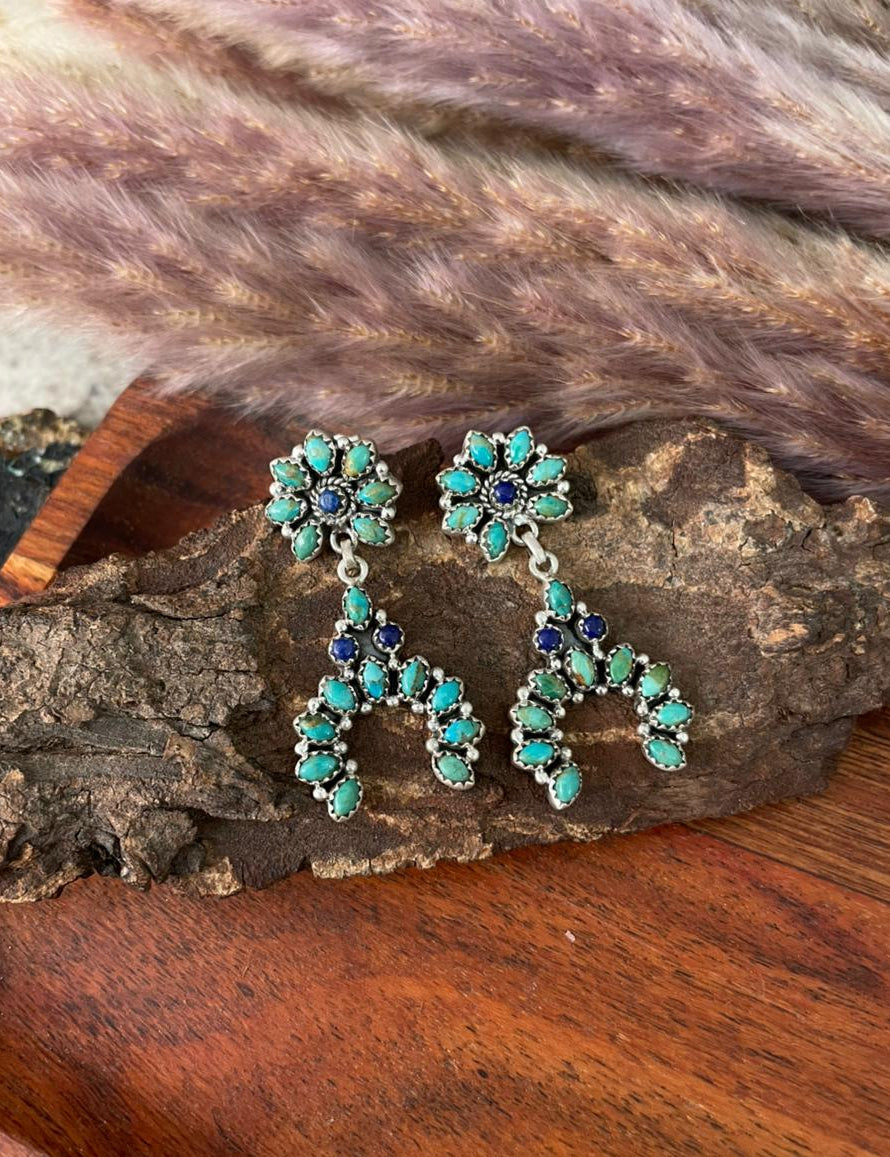 Handmade Sterling Silver Kingman Turquoise with Lapis Post Dangle Earrings "Signed Nizhoni"