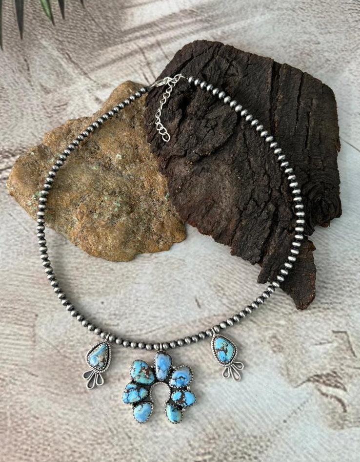 Handmade Sterling Silver Golden Hills Turquoise Beaded Necklace "Signed Nizhoni"