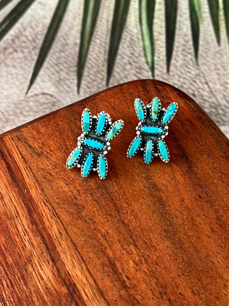 Handmade Sterling Silver Kingman Turquoise Post Studs Earrings "Signed Nizhoni"