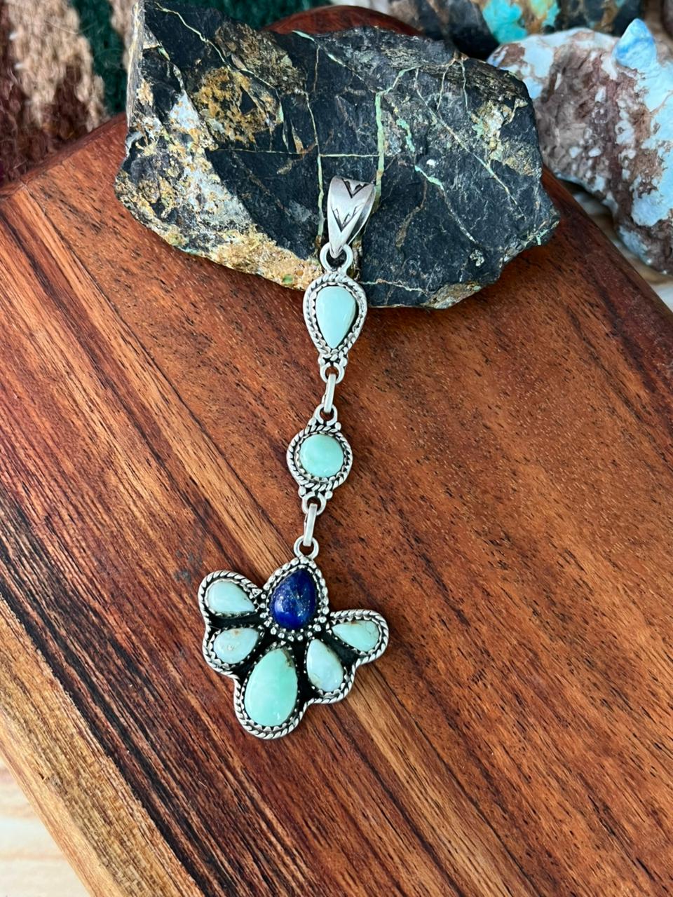 Handmade Sterling Silver Paloma Turquoise with Lapis Pendant "Signed Nizhoni"
