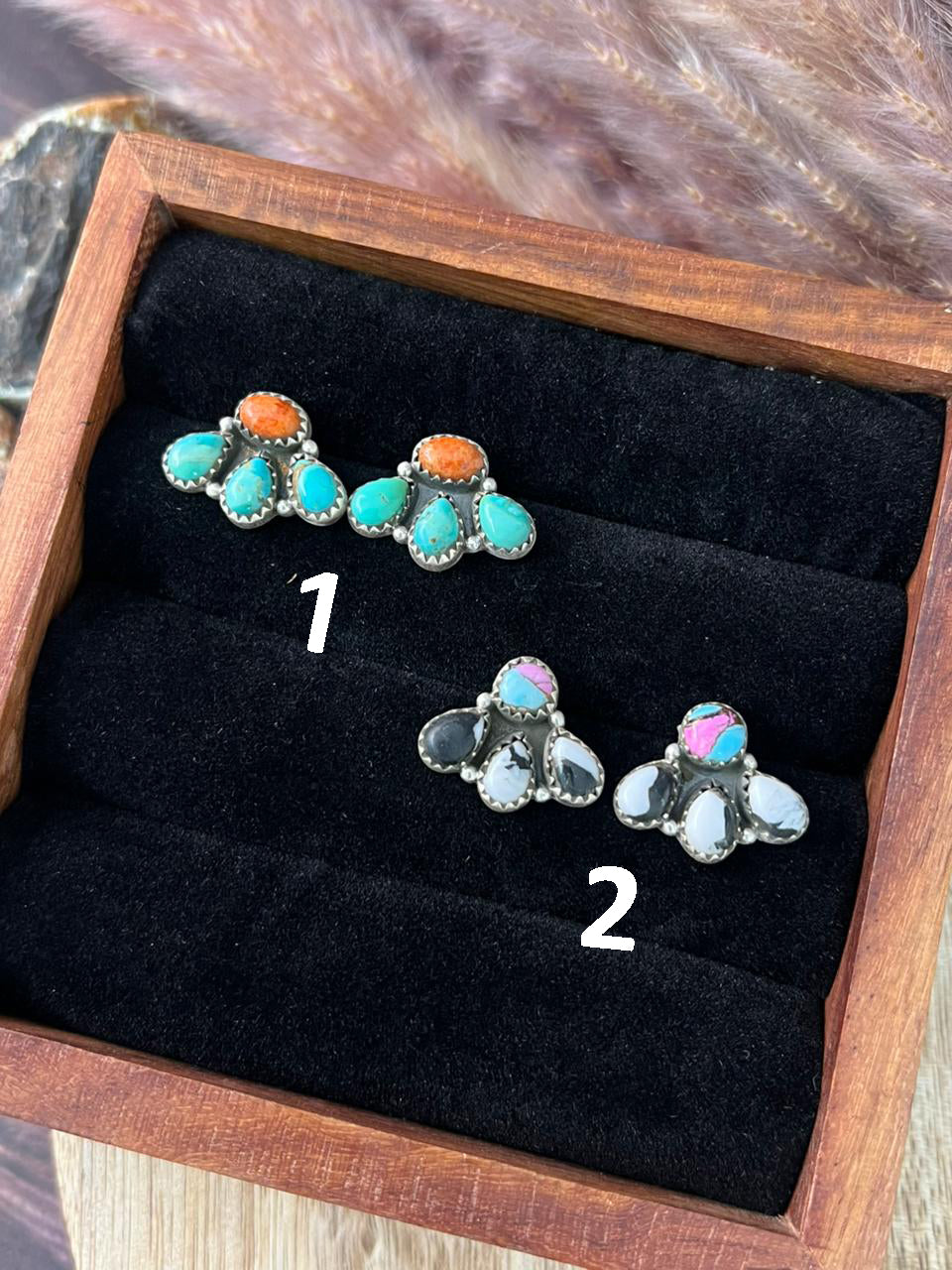 Handmade Sterling Silver Orange Mojave with Kingman Turquoise and Cotton Candy with White Buffalo Post Studs Earrings "Signed Nizhoni"