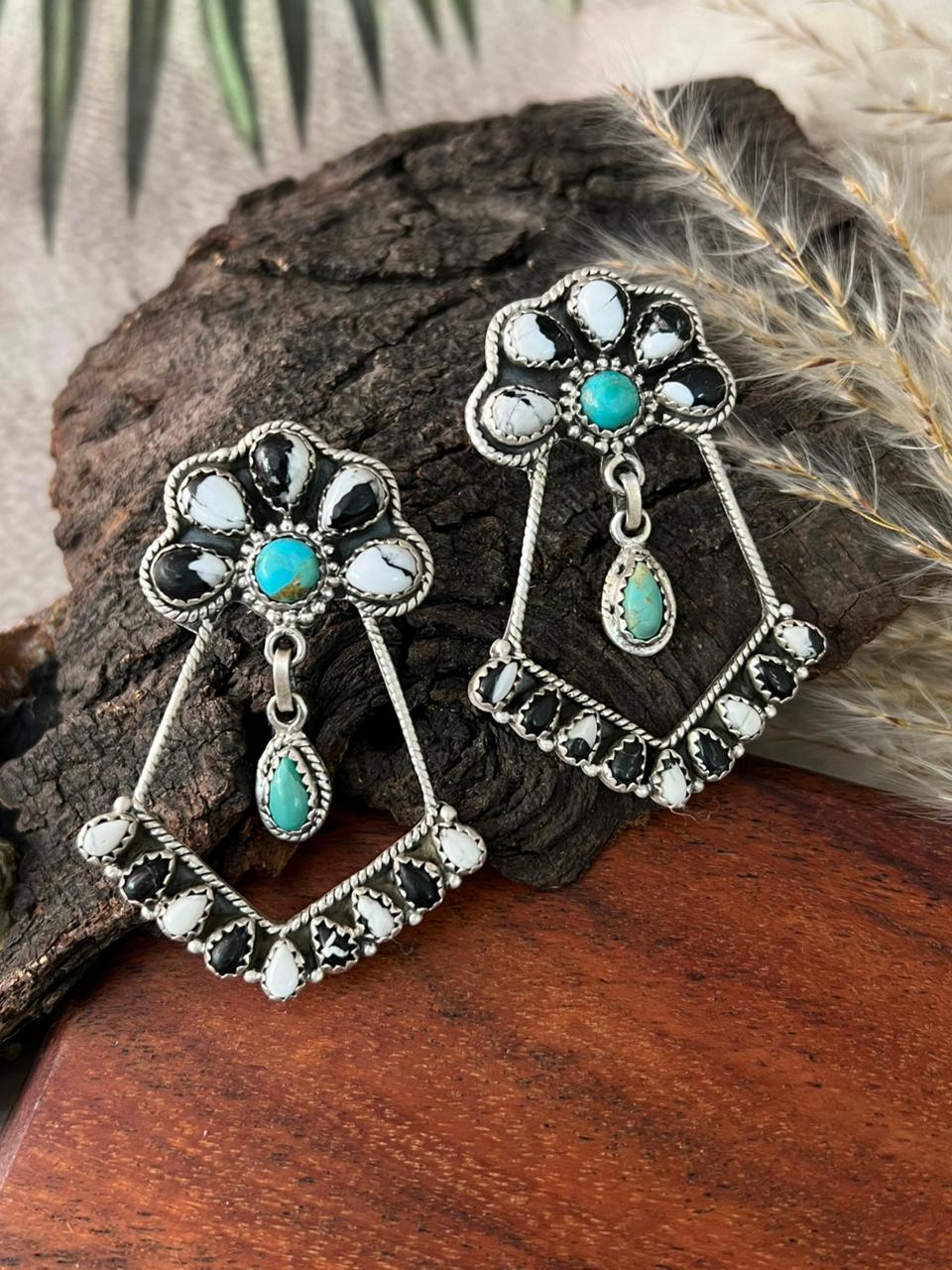 Handmade Sterling Silver White Buffalo with Kingman Turquoise Post Dangle Earrings "Signed Nizhoni"