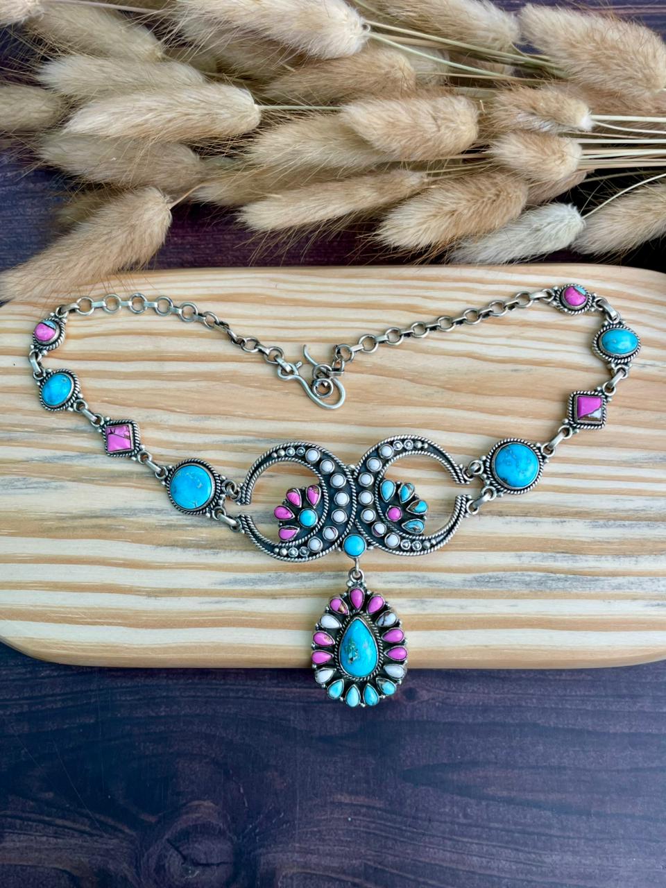 Handmade Sterling Silver Sierra Bella Turquoise with Cotton Candy Collection: Choker Necklace "Signed Nizhoni"