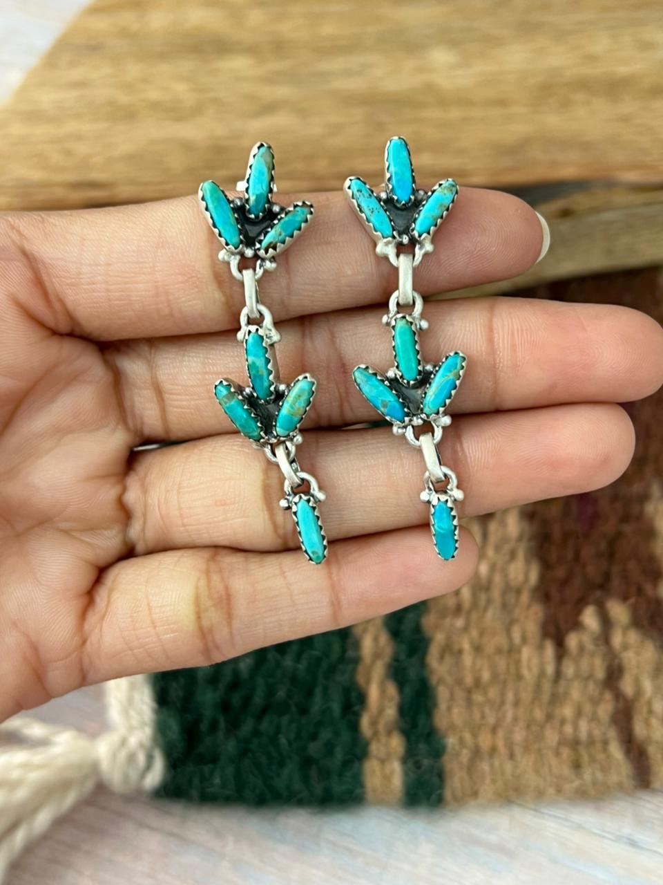 Handmade Sterling Silver Kingman Turquoise Post Dangle Earrings "Signed Nizhoni"