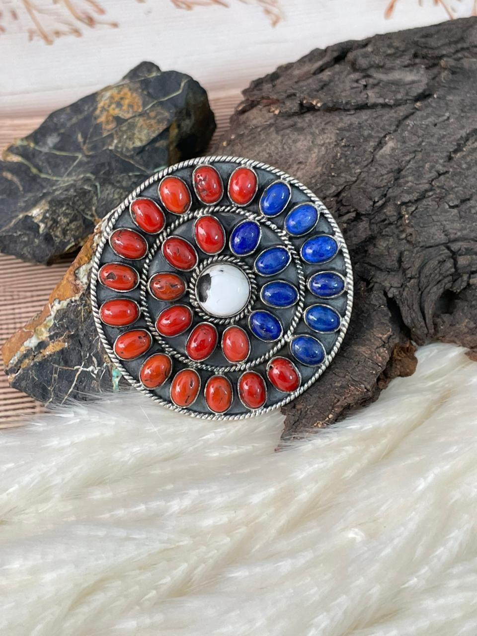 Handmade Sterling Silver 4th Of July Collection: Coral with Lapis and White Buffalo Adjustable Ring "Signed Nizhoni" (2)