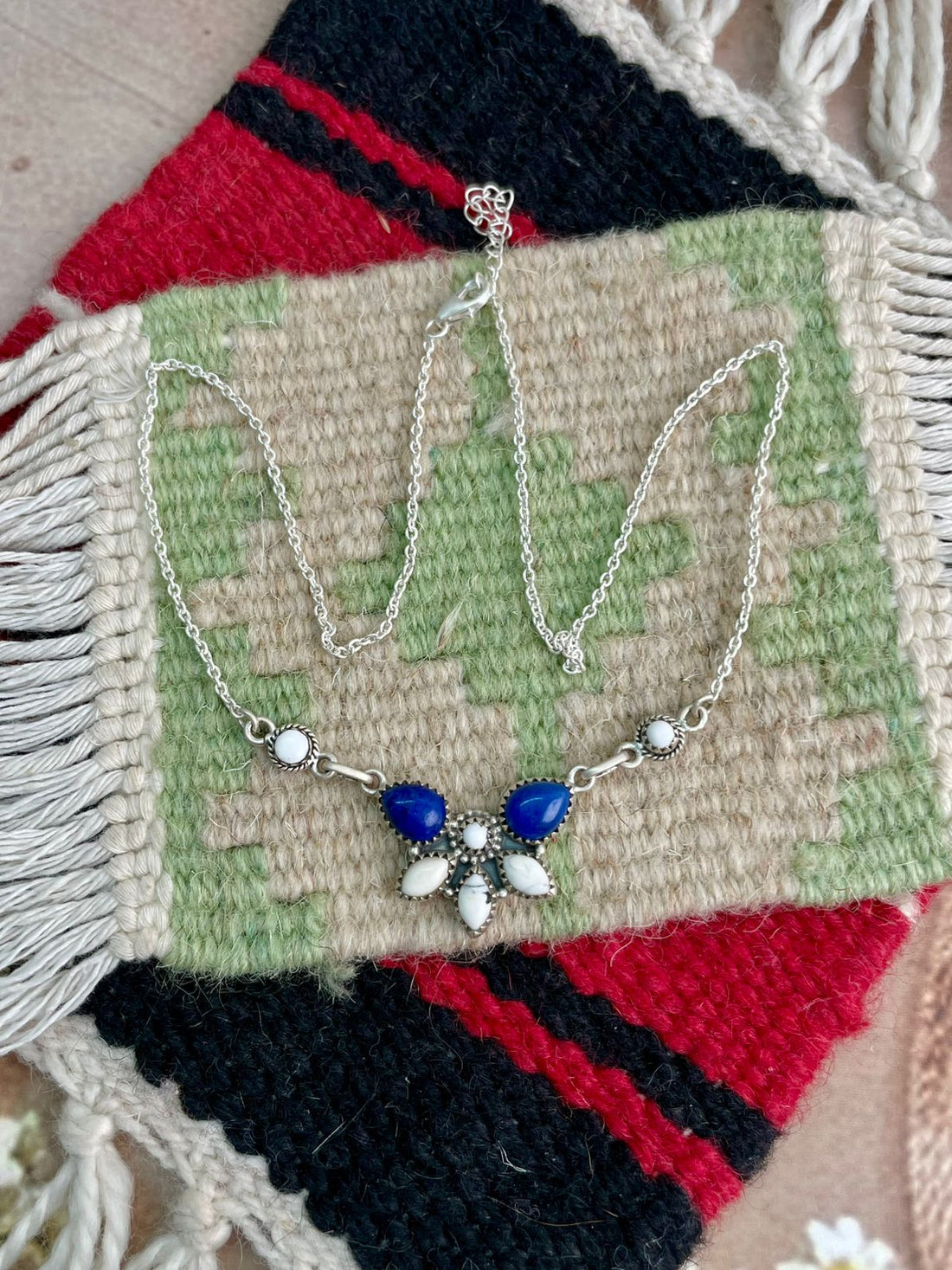 Handmade Sterling Silver Lapis with White Buffalo Necklace "Signed Nizhoni"
