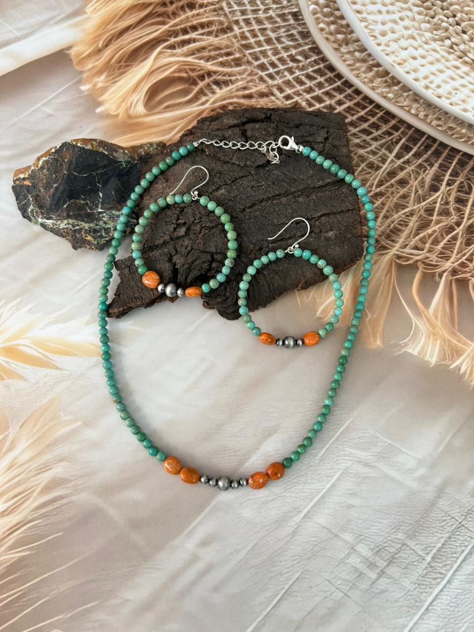 Handmade Sterling Silver Kingman Turquoise with Orange Mojave Beaded Necklace Earrings Set "Signed Nizhoni"