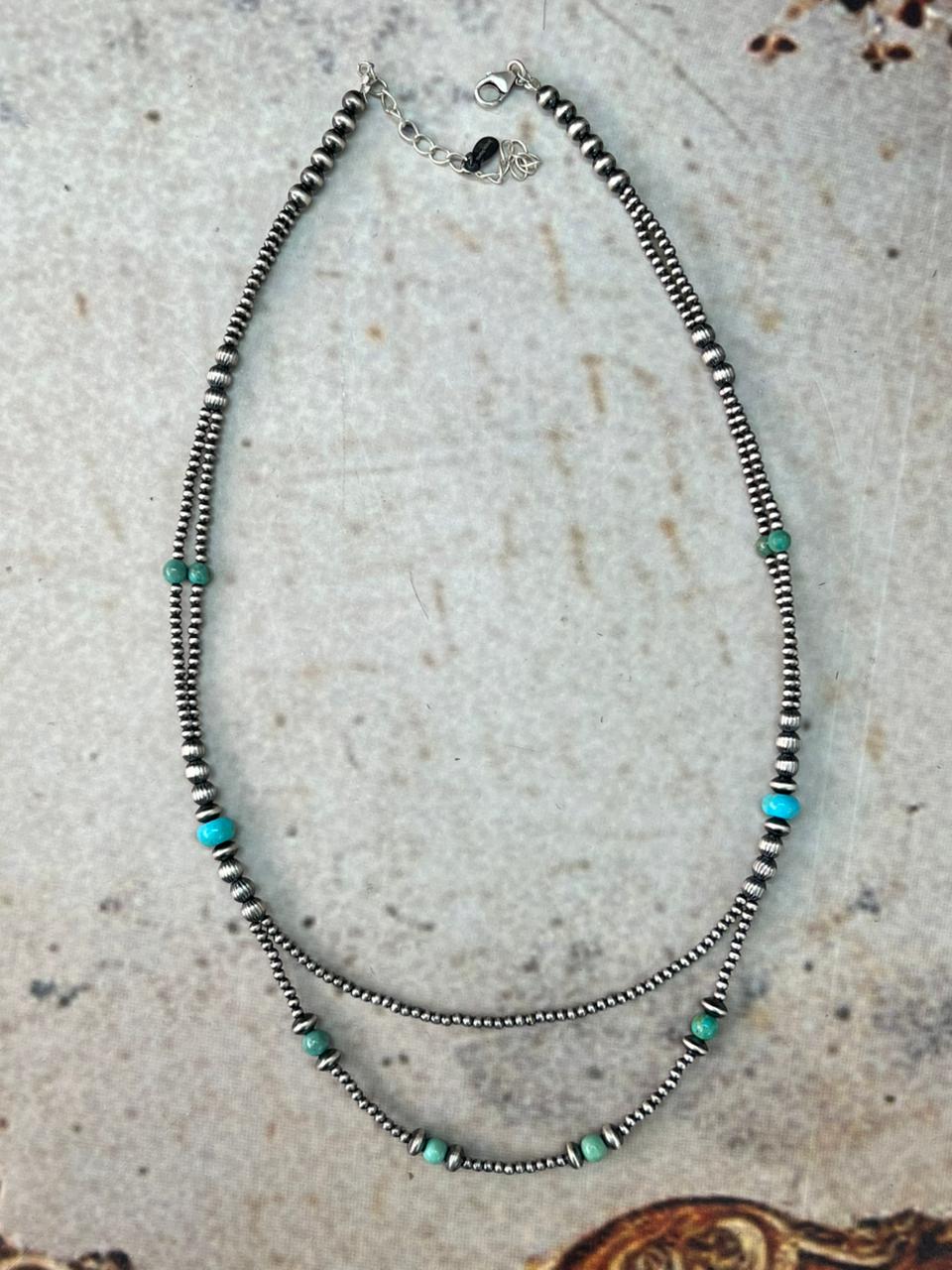 Handmade Sterling Silver Kingman Turquoise Beaded Necklace "Signed Nizhoni"