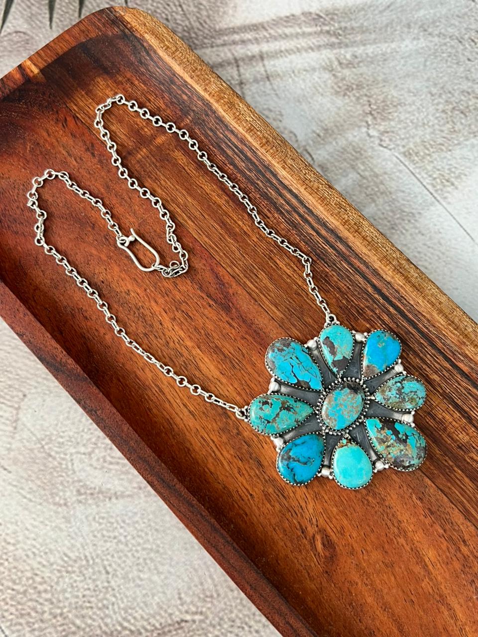 Handmade Sterling Silver Manassa Turquoise Necklace "Signed Nizhoni"