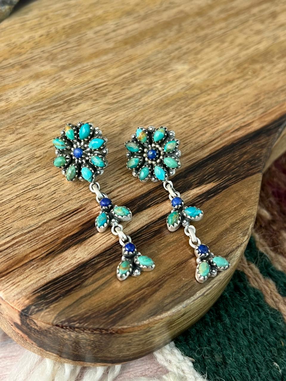 Handmade Sterling Silver Kingman Turquoise with Lapis Post Dangle Earrings "Signed Nizhoni"