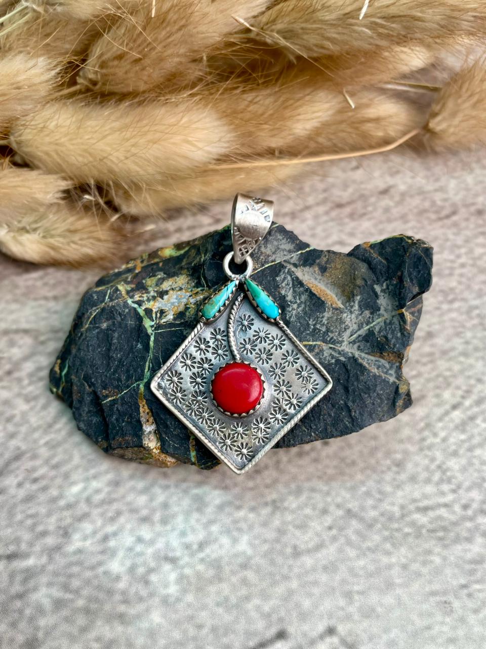 Handmade Sterling Silver Rosarita with Kingman Turquoise Cherry Pendant "Signed Nizhoni"