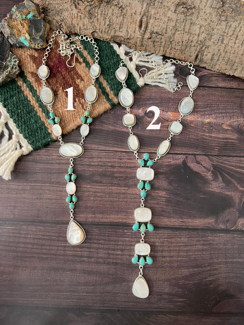 Handmade Sterling Silver Wedding Collection: Mother of Pearl with Kingman Turquoise Necklace "Signed Nizhoni"