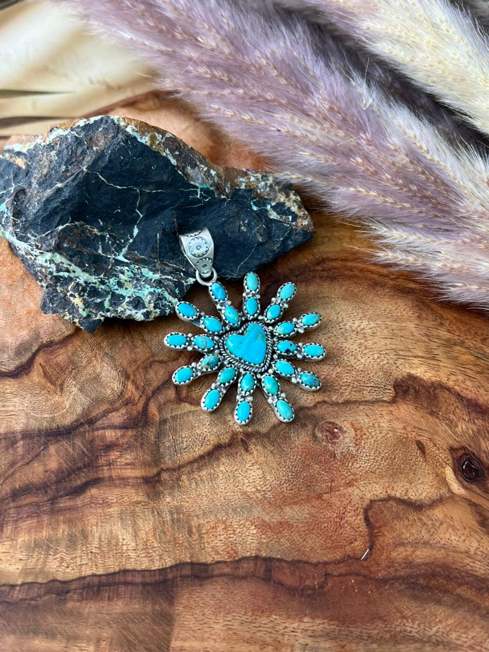 Handmade Sterling Silver Kingman Turquoise Heart Pendant "Signed Nizhoni"