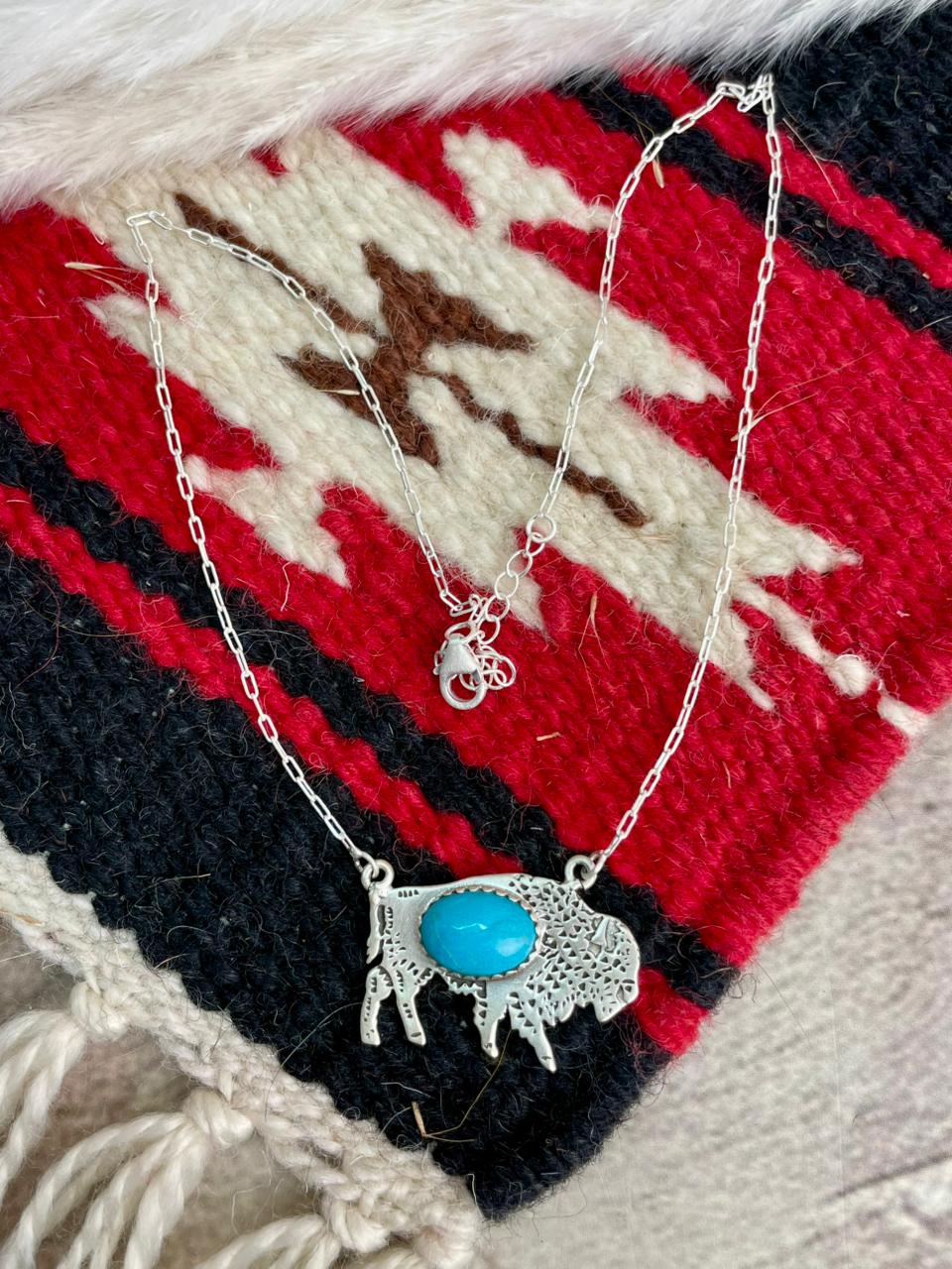 Handmade Sterling Silver Kingman Turquoise Bison Necklace "Signed Nizhoni"