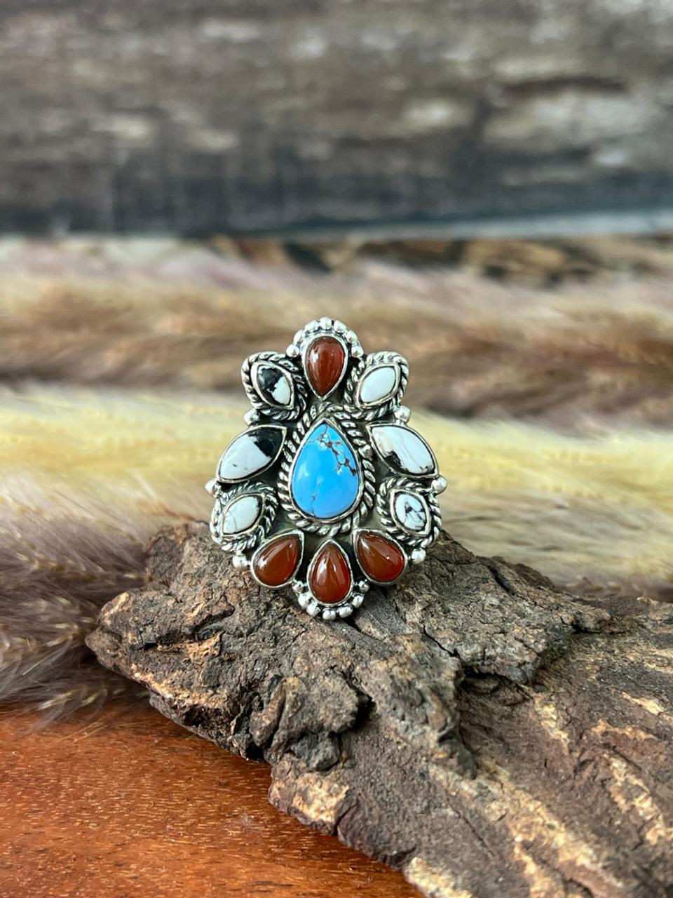 Handmade Sterling Silver Canyon Sunset Collection: Golden Hills Turquoise with White Buffalo and Carnelian Adjustable Ring "Signed Nizhoni"