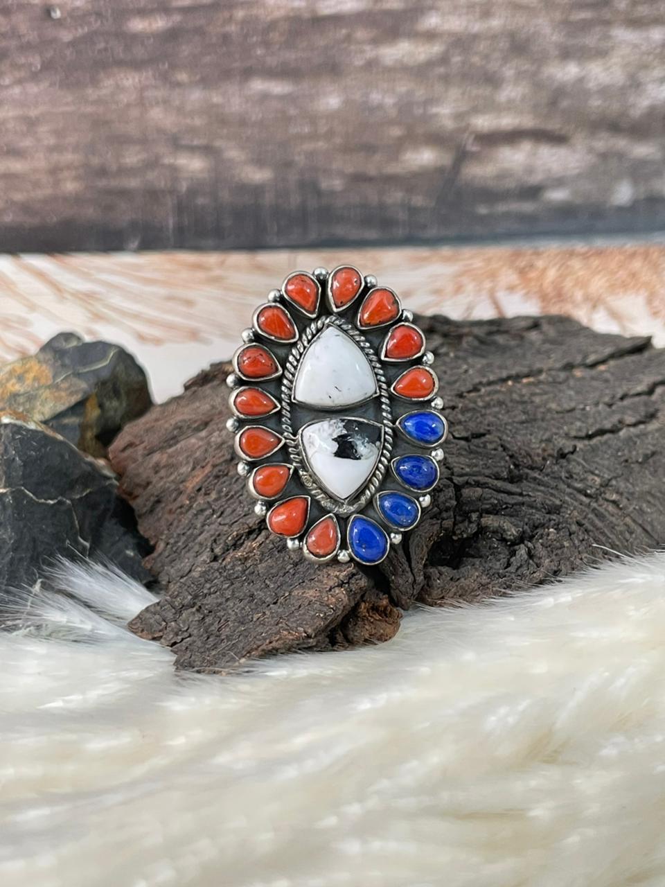 Handmade Sterling Silver 4th Of July Collection: Coral with Lapis and White Buffalo Adjustable Ring "Signed Nizhoni"