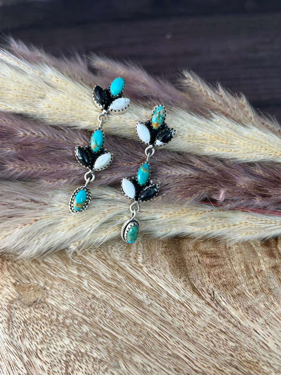 Handmade Sterling Silver Kingman Turquoise with White Buffalo Post Dangle Earrings "Signed Nizhoni"