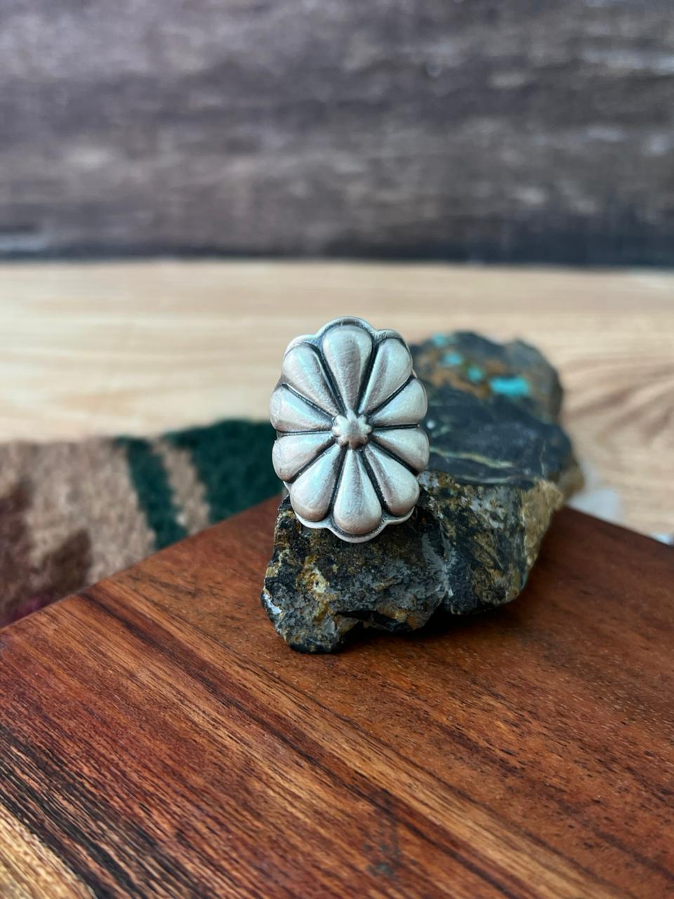 Handmade Sterling Silver Adjustable Flower Concho Ring "Signed Nizhoni"