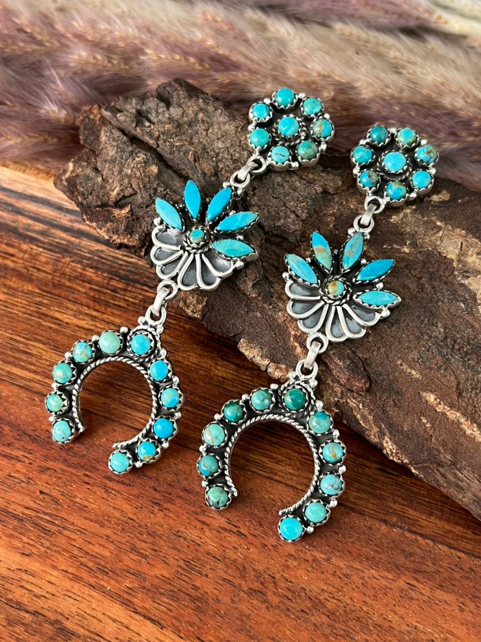 Handmade Sterling Silver Kingman Turquoise Post Dangle Earrings "Signed Nizhoni"