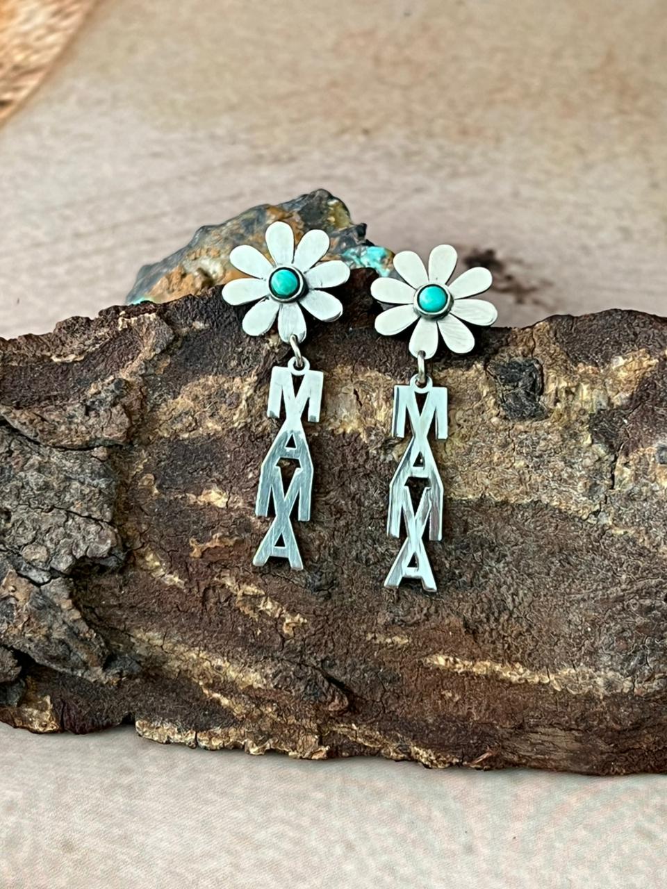 Handmade Sterling Silver Mama Collection: Kingman Turquoise Post Dangle Flower Earrings