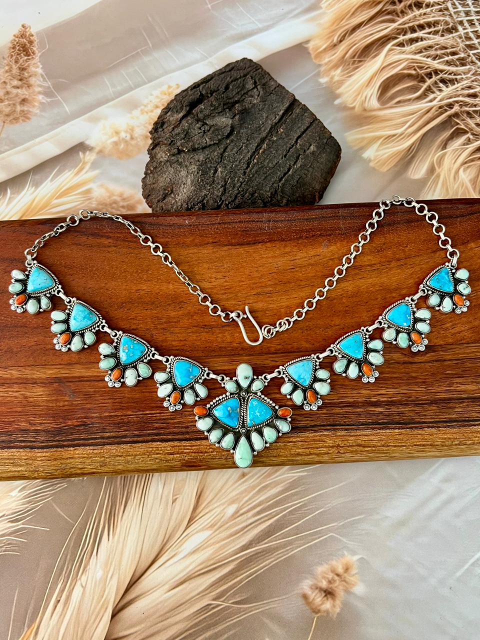 Handmade Sterling Silver Paloma with Sierra Bella Turquoise and Orange Mojave Necklace "Signed Nizhoni"