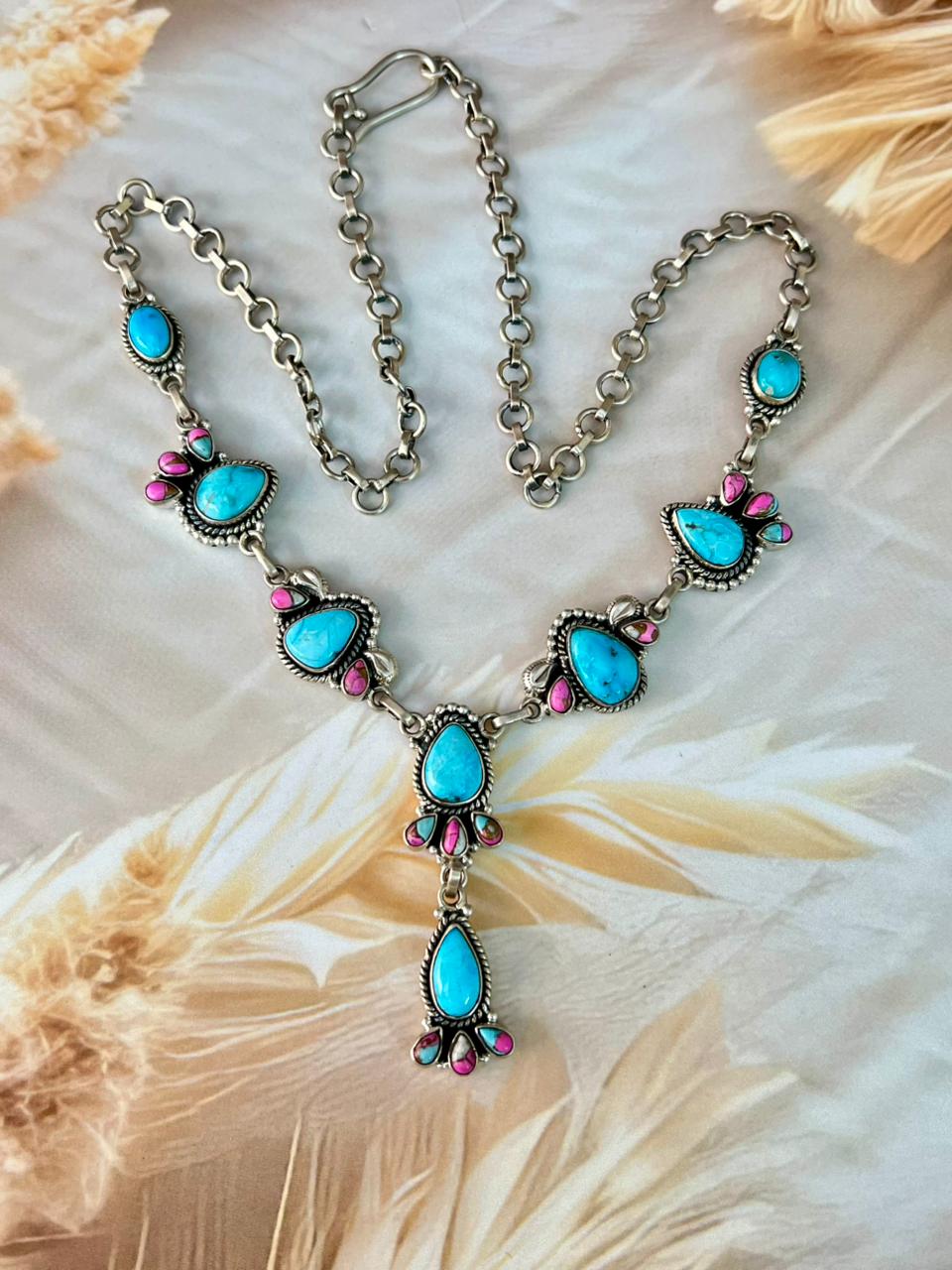 Handmade Sterling Silver Cotton Candy with Sierra Bella Turquoise Necklace "Signed Nizhoni"