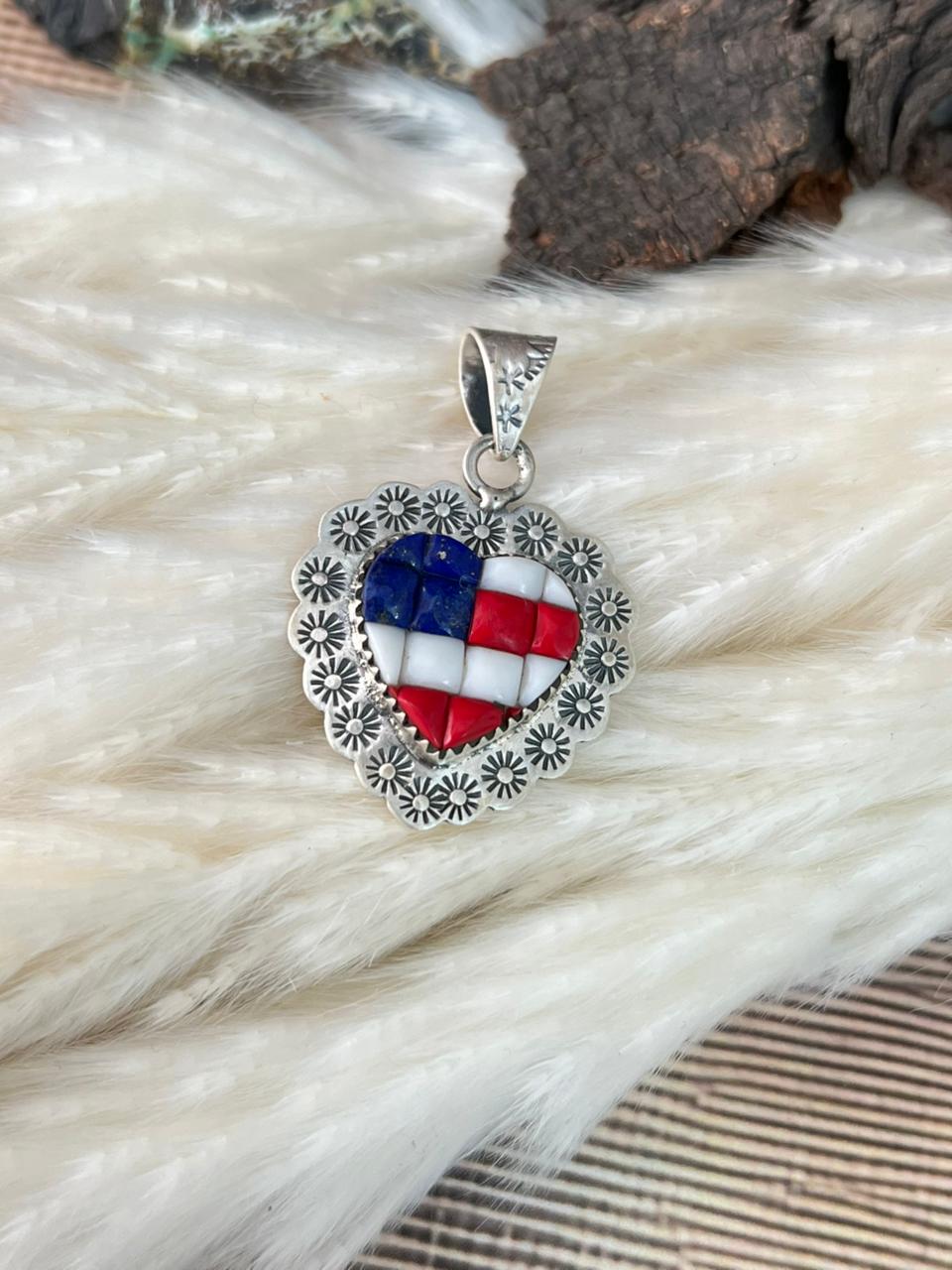 Handmade Sterling Silver 4th Of July Collection: Rosarita with Lapis and White Buffalo Heart Pendant "Signed Nizhoni"