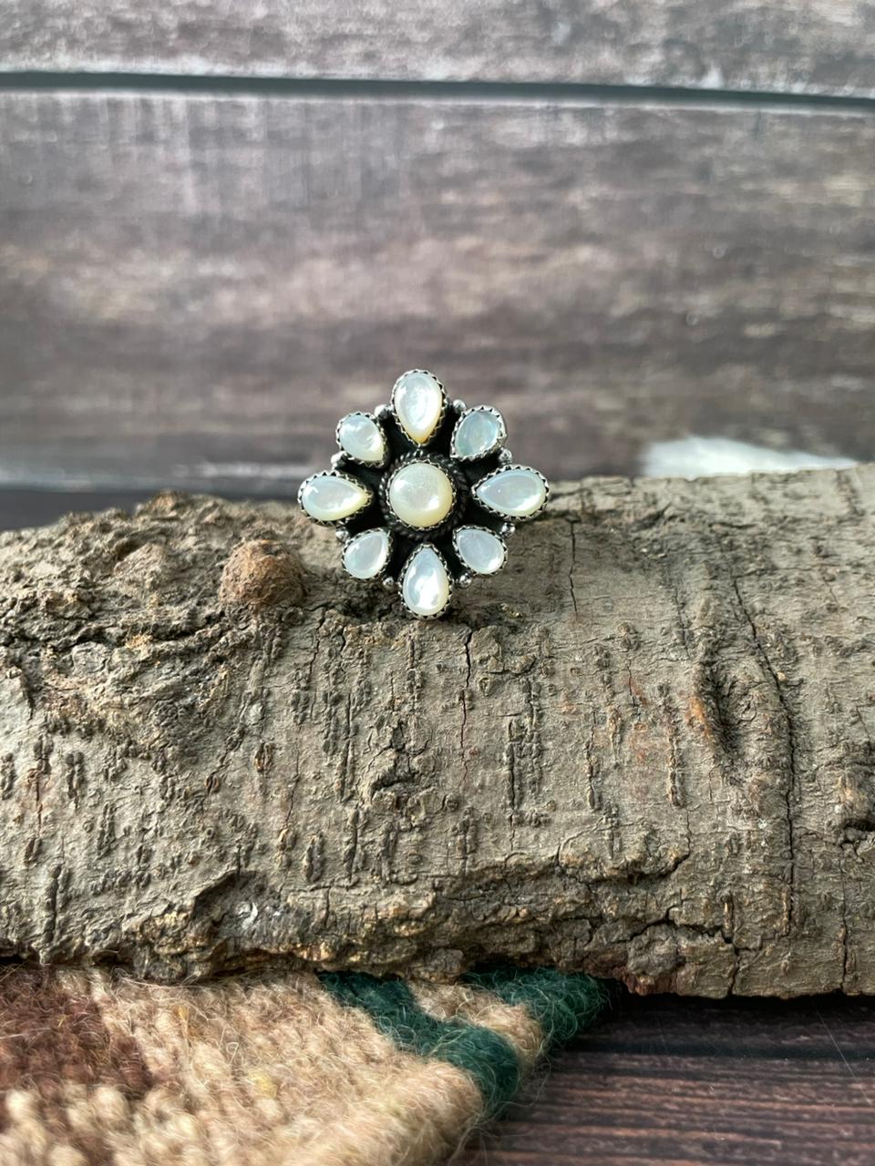 Handmade Sterling Silver Wedding Collection: Mother of Pearl Adjustable Ring "Signed Nizhoni"