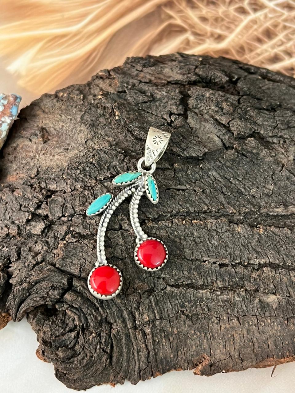 Handmade Sterling Silver Rosarita with Kingman Turquoise Cherry Pendant "Signed Nizhoni"