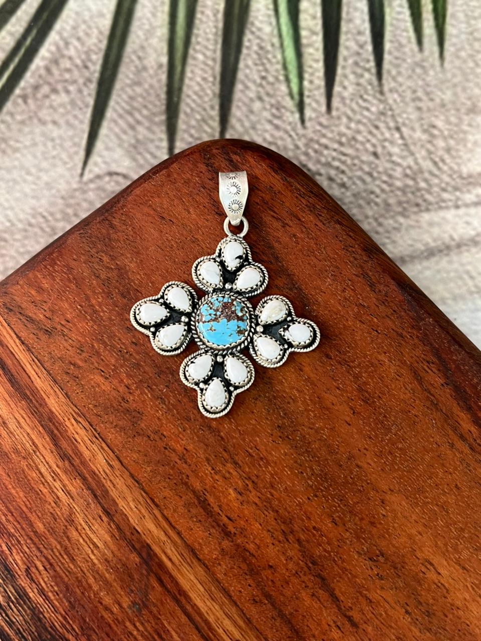 Handmade Sterling Silver White Buffalo with Golden Hills Turquoise Pendant "Signed Nizhoni"