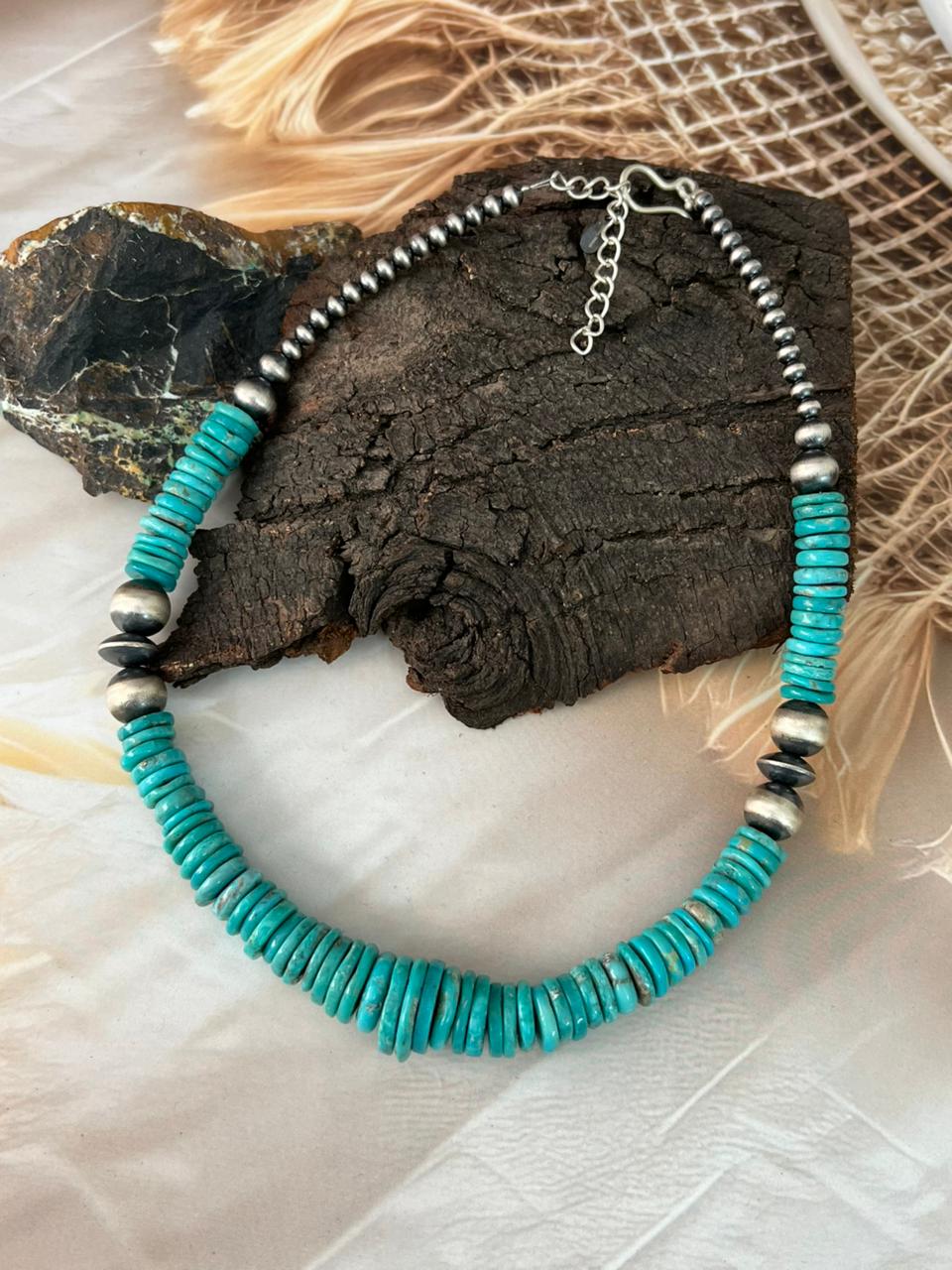 Handmade Sterling Silver Kingman Turquoise Beaded Necklace "Signed Nizhoni"