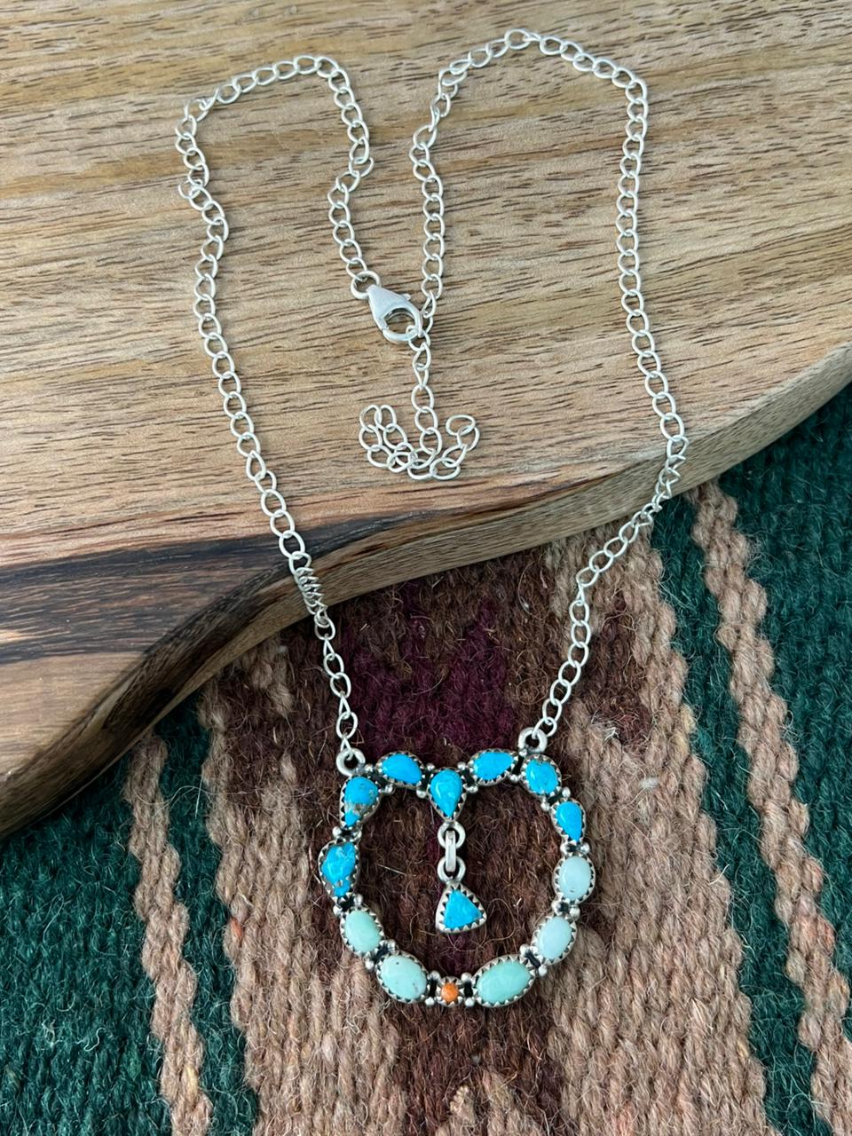 Handmade Sterling Silver Sierra Bella with Paloma Turquoise and Orange Mojave Heart Necklace "Signed Nizhoni"