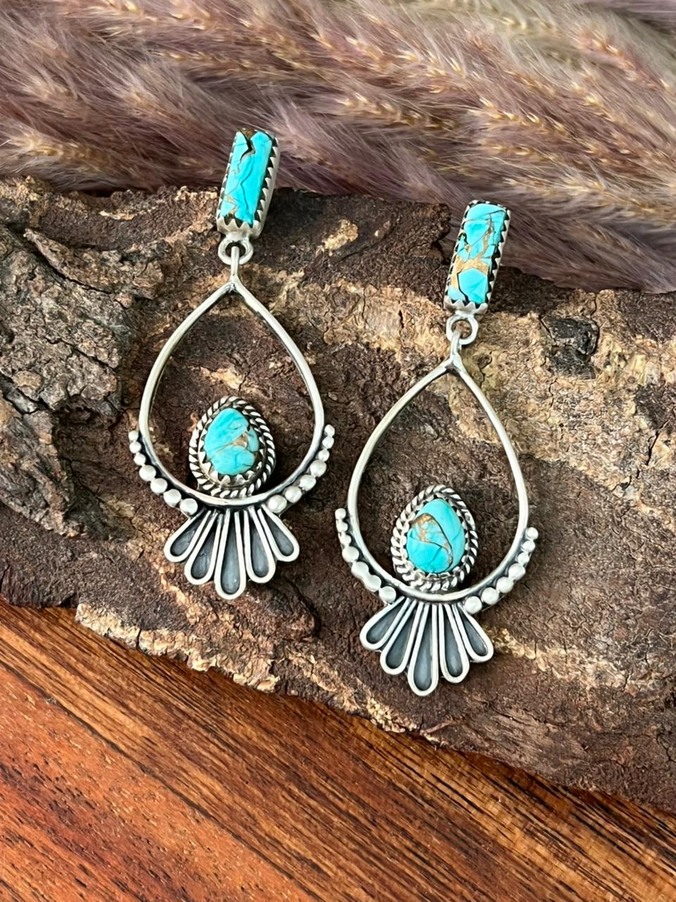 Handmade Sterling Silver Mint Dahlia Post Dangle Earrings "Signed Nizhoni"