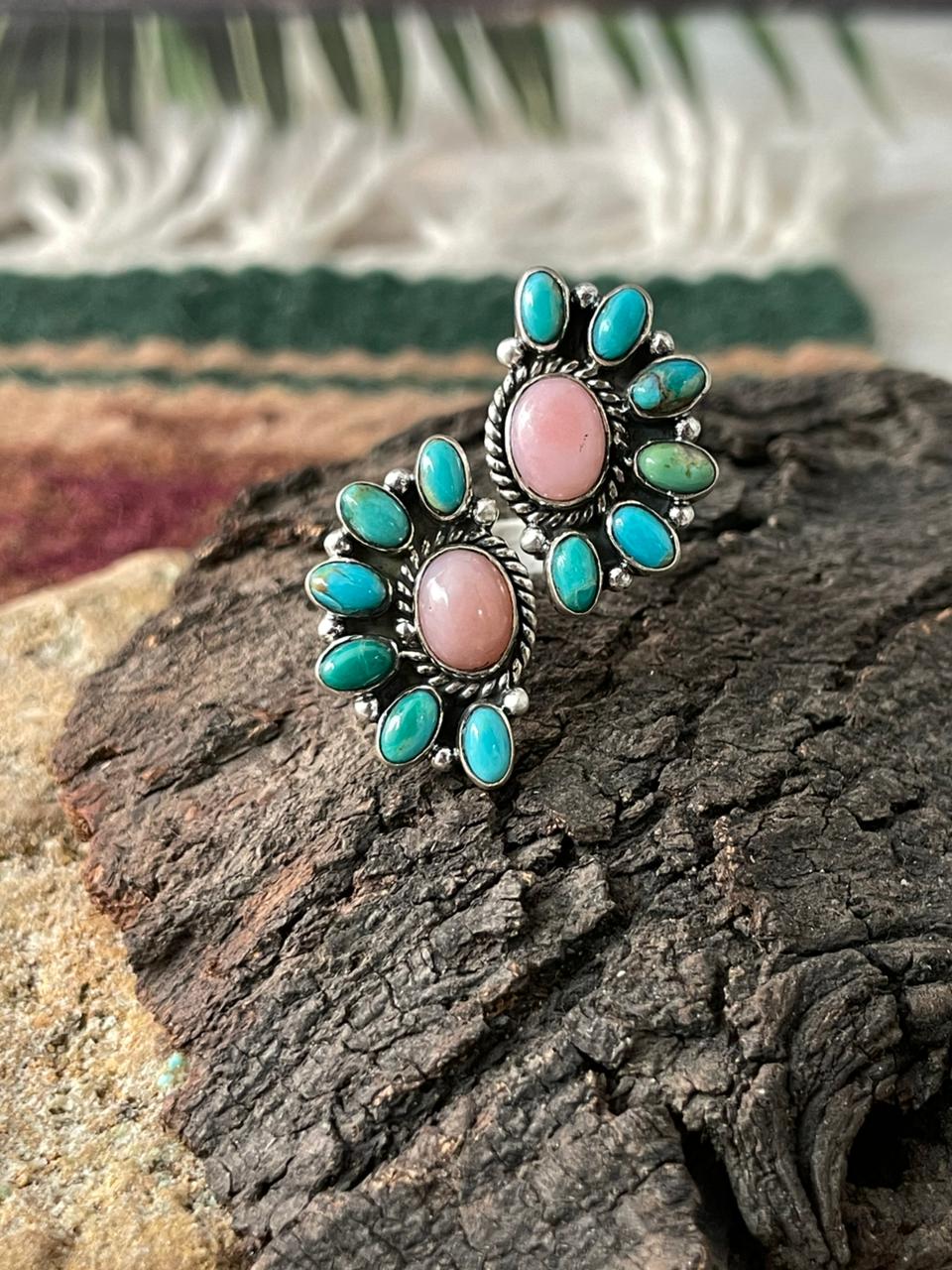 Handmade Sterling Silver Kingman Turquoise with Pink Opal Adjustable Ring "Signed Nizhoni"